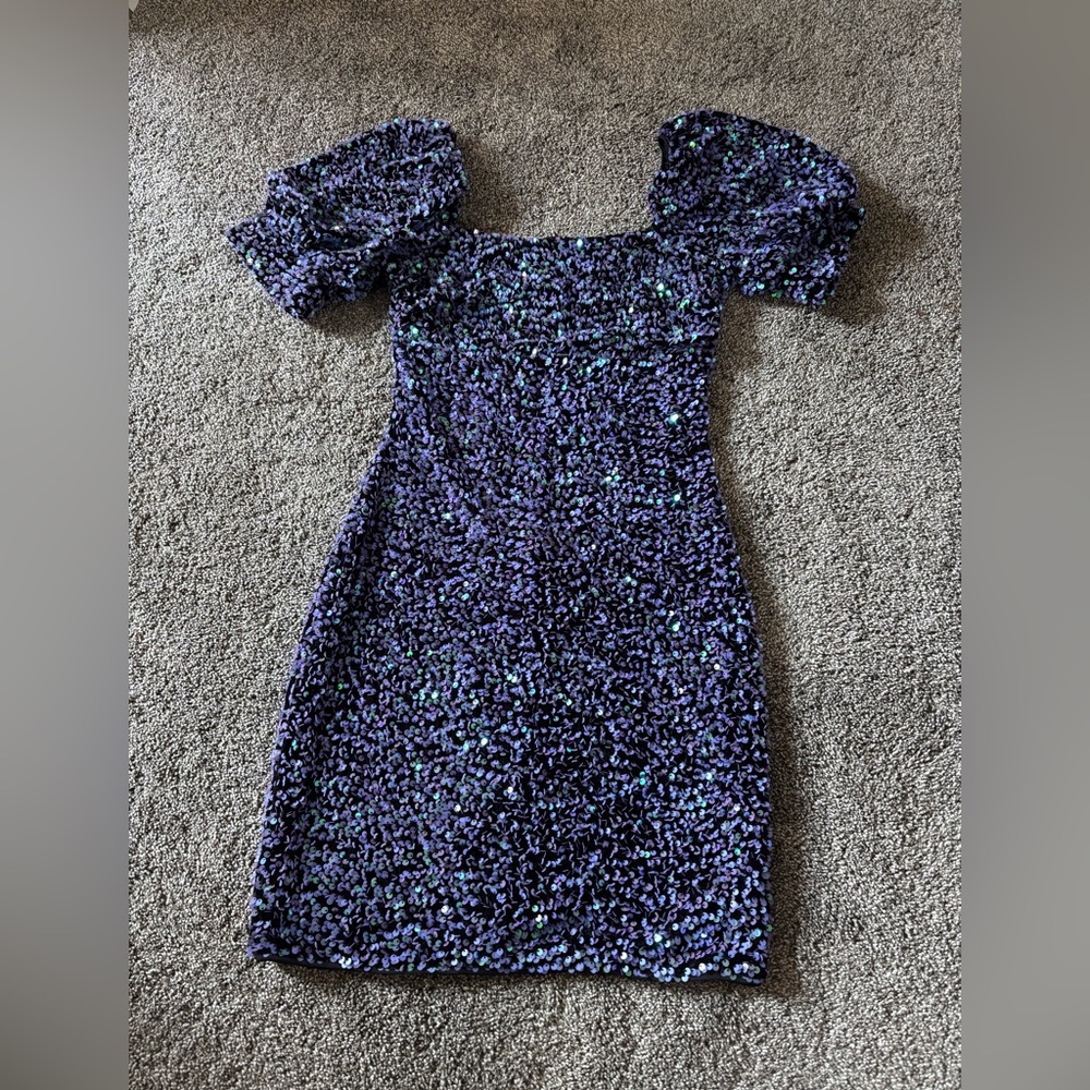 Purple Sequin Puff Sleeve Dress